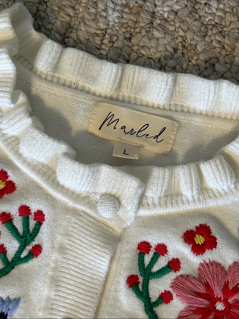 Marled White Floral Embroidered Button-Up Sweater Cardigan Medium - Picture 2 of 10